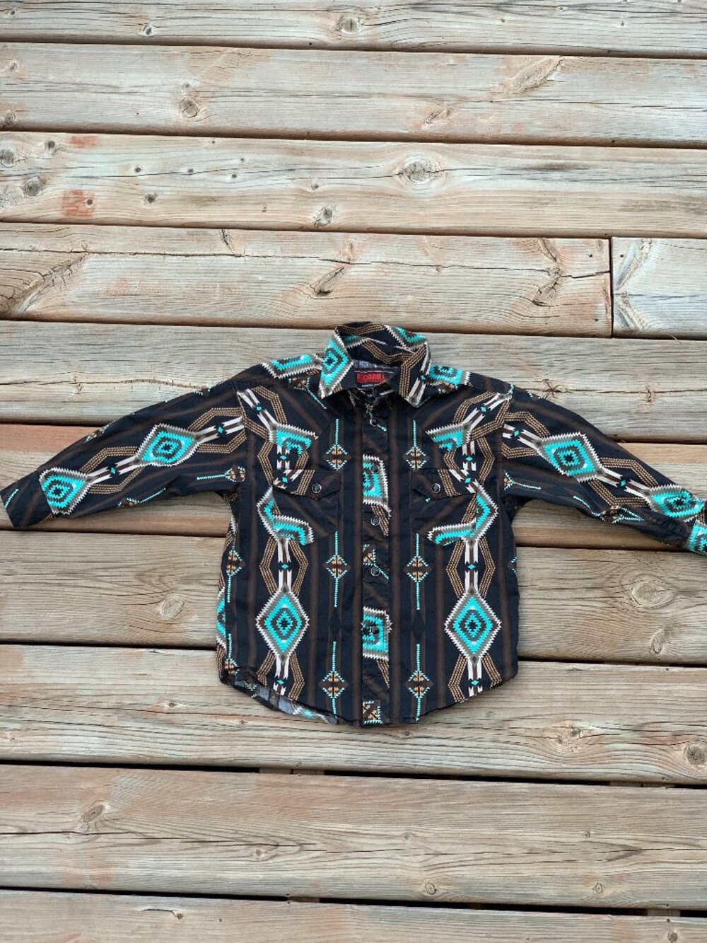 Rock & Roll Denim Pearl Snap Western Shirt Youth Boys XS Brown Aqua Blue Aztec